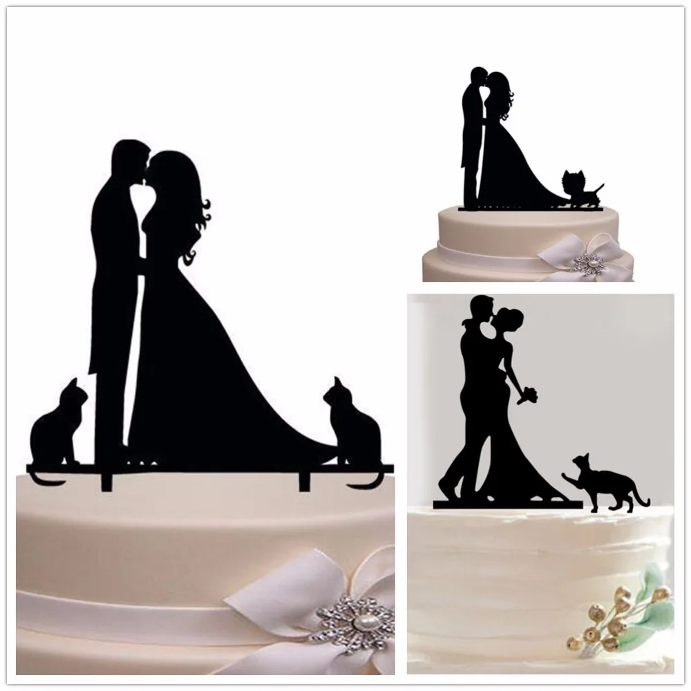 

Free Shipping Bride and Groom Cake Topper Acrylic Silhouette Wedding Cake Topper Cake Decor with Lovely Pet Cat