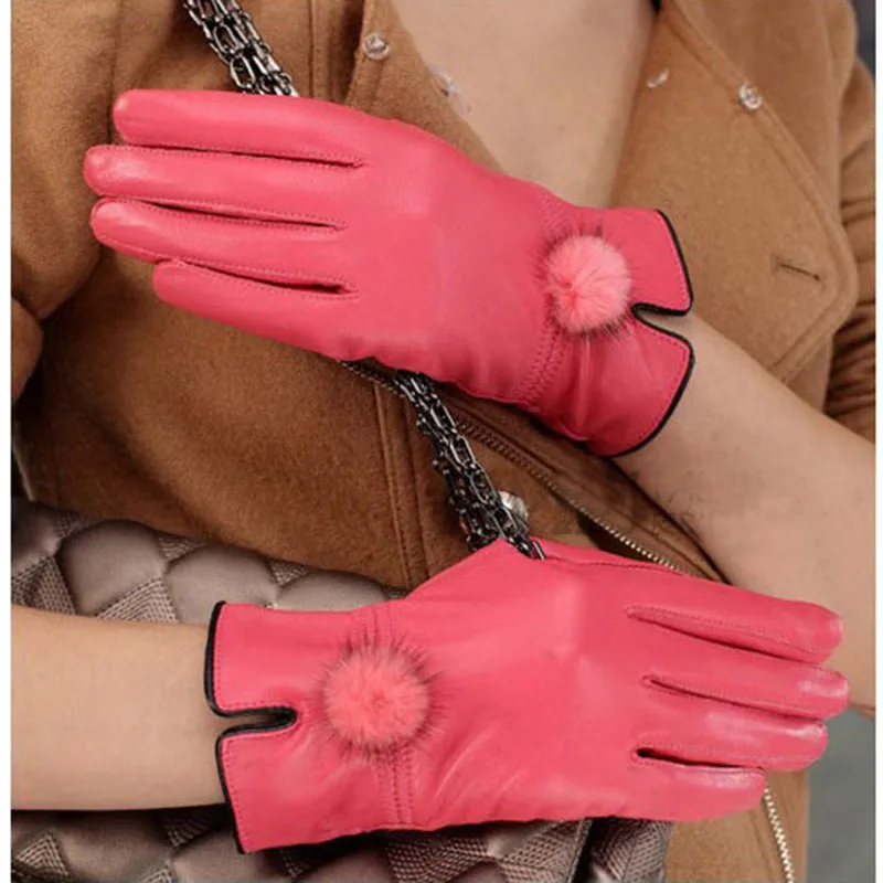 Guante de cuero genuino para mujer, calentador de manos con bola de piel de visón Natural, guante de lujo con dedo, Invierno
