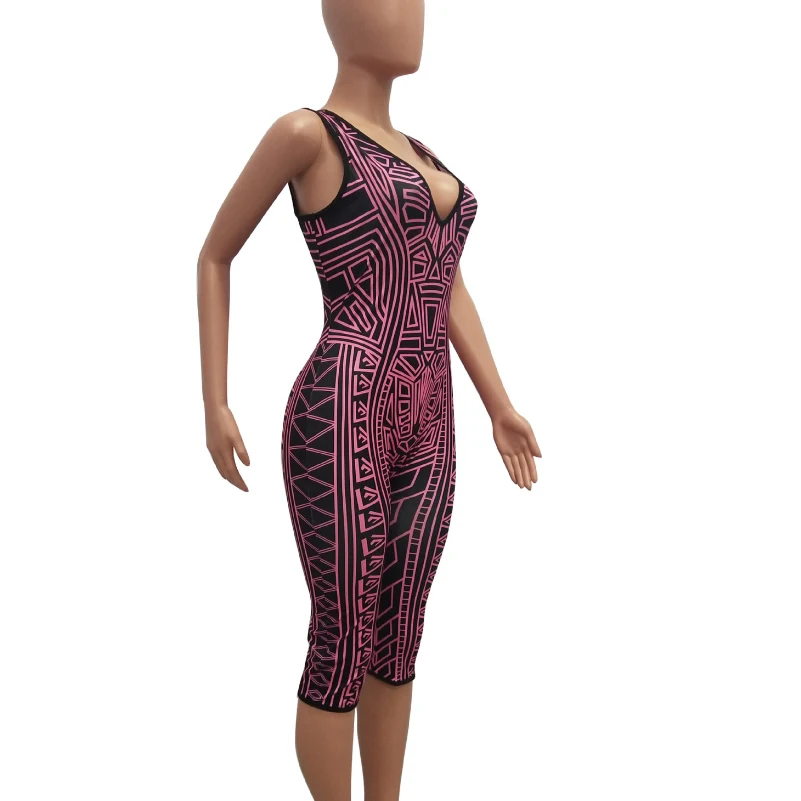 

Women Stretchy Printed V-Neck Sleeveless Skinny Outfits Playsuit Jumpsuits Bodycon Sexy Rompers Night Club Stretchy Jumpsuits