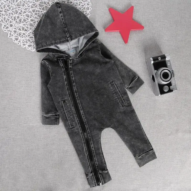 Унисекс Детские корейский Косой молнии с длинным рукавом твердых Цвет комбинезон капюшоном|Ромперы| |