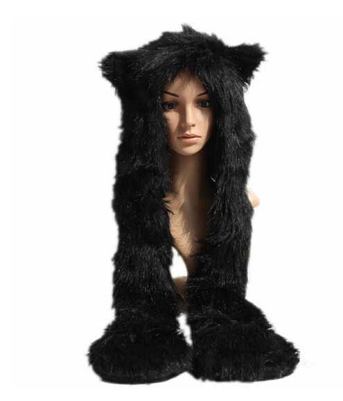black Новая модная шапка из искусственного меха с длинным шарфом, шапка с волком, меховая шапка с лапами, шапочки, зимняя шапка с рисунком, высокое качество - Цвет: black