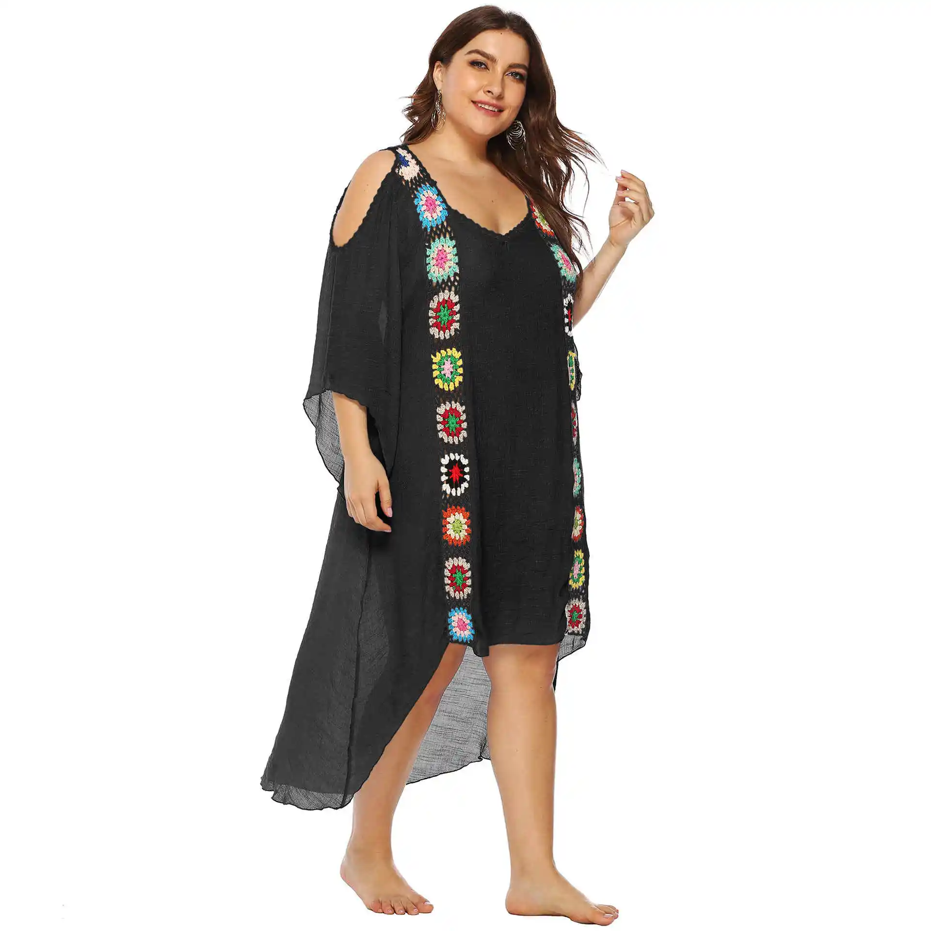 Black XXL Plus Size Kaftan Beach Tunic Women Summer Beachwear Swimsuit Cover Up Ladies Bohemian Dress Robe de plage sarongs pareo A64 - Цвет: Black XXL