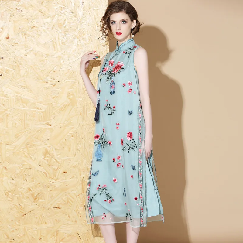 Шелковое платье cheongsam с вышивкой и воротником стойкой супер сказочное мозаичное