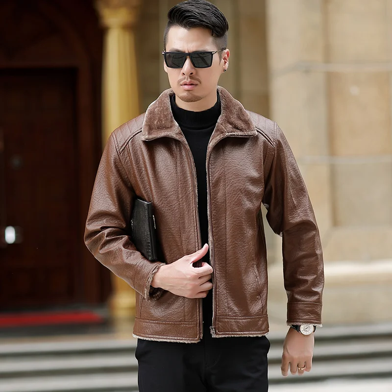 KUYOMENS L-5XL кожаная куртка для мужчин зимний толстый шерстяной подкладке PU кожаные
