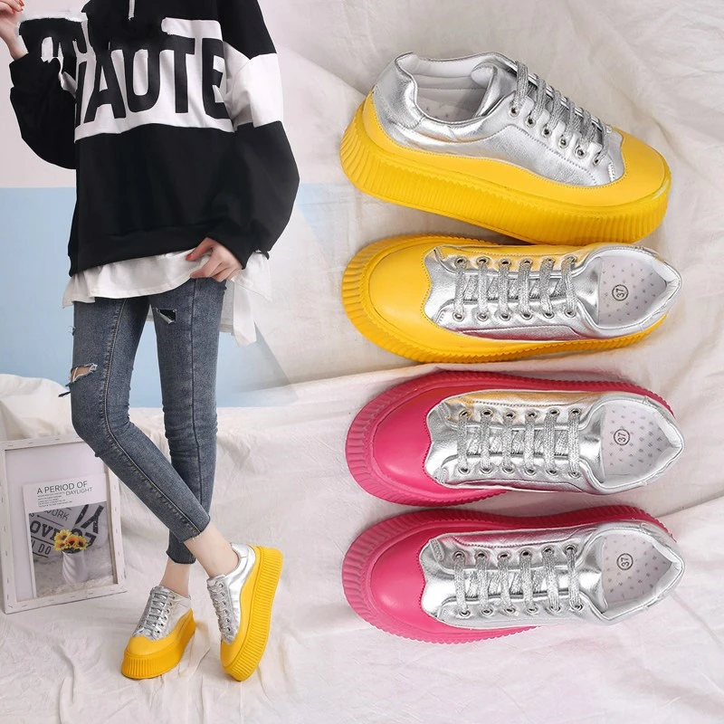 Zapatillas mujer; коллекция года; цвет желтый, красный; модная разноцветная обувь; женские кроссовки с блестками на толстой подошве; tenis feminino MS-80