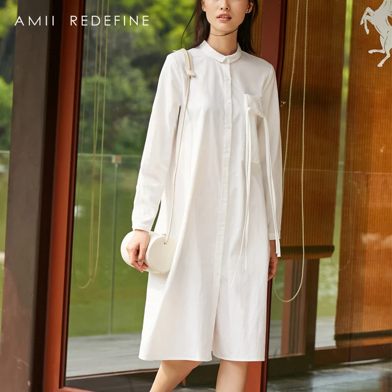 Amii Redefine 100% хлопковое платье для женщин осень 2018 офисные свободные однотонные