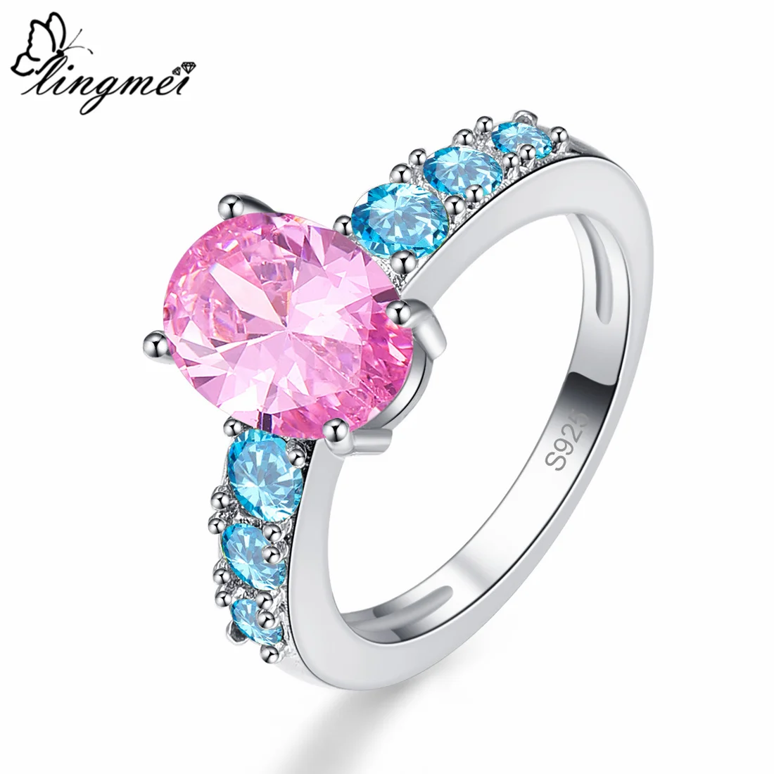 Женское кольцо с овальной огранкой розовым и голубым Цирконом|ring size|ring size 6fashion rings
