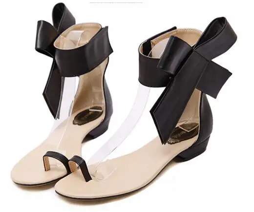 Bonjean/летние пикантные сандалии-Вьетнамки; цвет черный, красный; кожаные сандалии-гладиаторы на плоской подошве с бантом; женская пляжная одежда с вырезами; сандалии