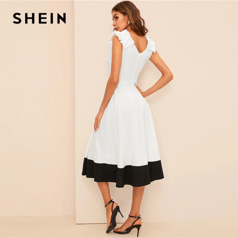 SHEIN Контрастное Платье С Молнией Сзади Женское Белое Элегантное Платье С V-Образным Вырезом И Без Рукавов