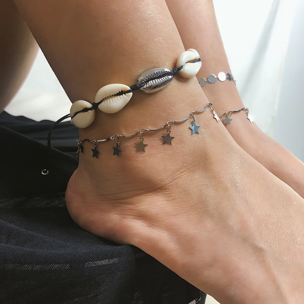 4pcs/set shell Star Vintage Antique Gold Color Anklet Women shell sequins Beads Geometric Bracelet Charm Ankle Boho Foot Jewelry