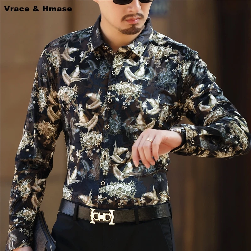 

Personalized 3D printing gold velvet high-end elastic long sleeve shirt Autumn 2021 New bussiness casual quality men shirt M-3XL