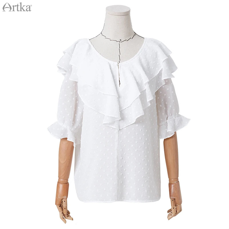 ARTKA, летние новые женские топы и блузки, гофрированная шифоновая рубашка с коротким рукавом и круглым вырезом, Элегантная блузка для женщин SA11395X