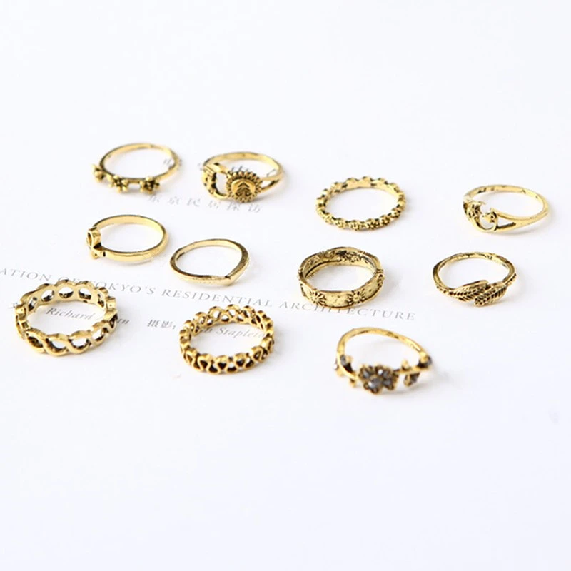 11/Set Vintage Punk Moon Sun Leaf Flower Carved Midi Finger Rings For Women Bohemian Knuckle Ring Set Crystal Jewelry Gifts | Украшения и