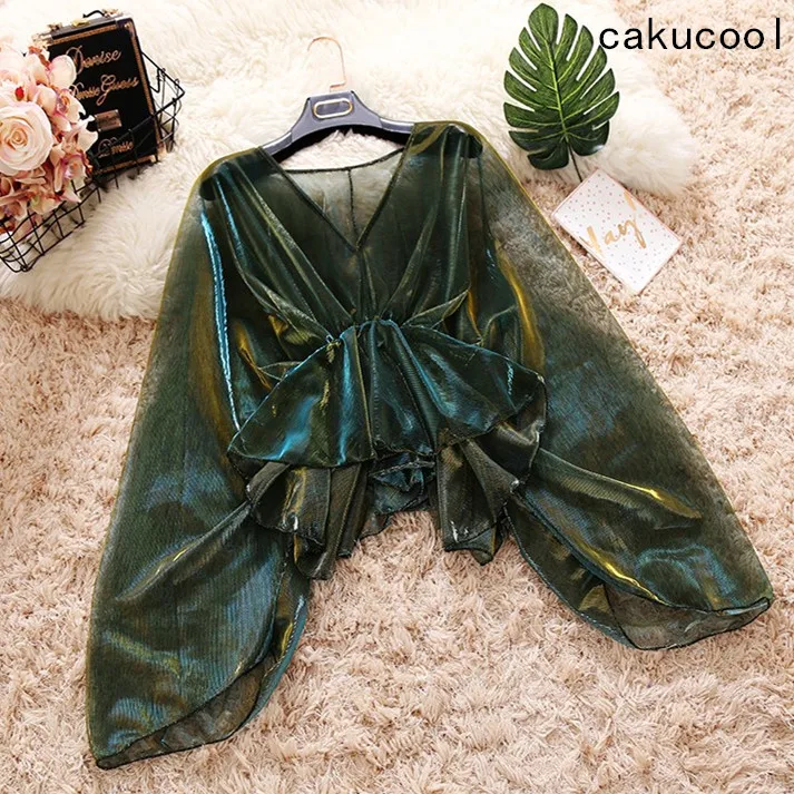Cakucool, новинка, Женская кружевная сетчатая блузка, прозрачная, шикарная, Blusas, рубашка с v-образным вырезом, оборками, с длинным рукавом летучая мышь, блузки, защита от солнца, Топ для женщин