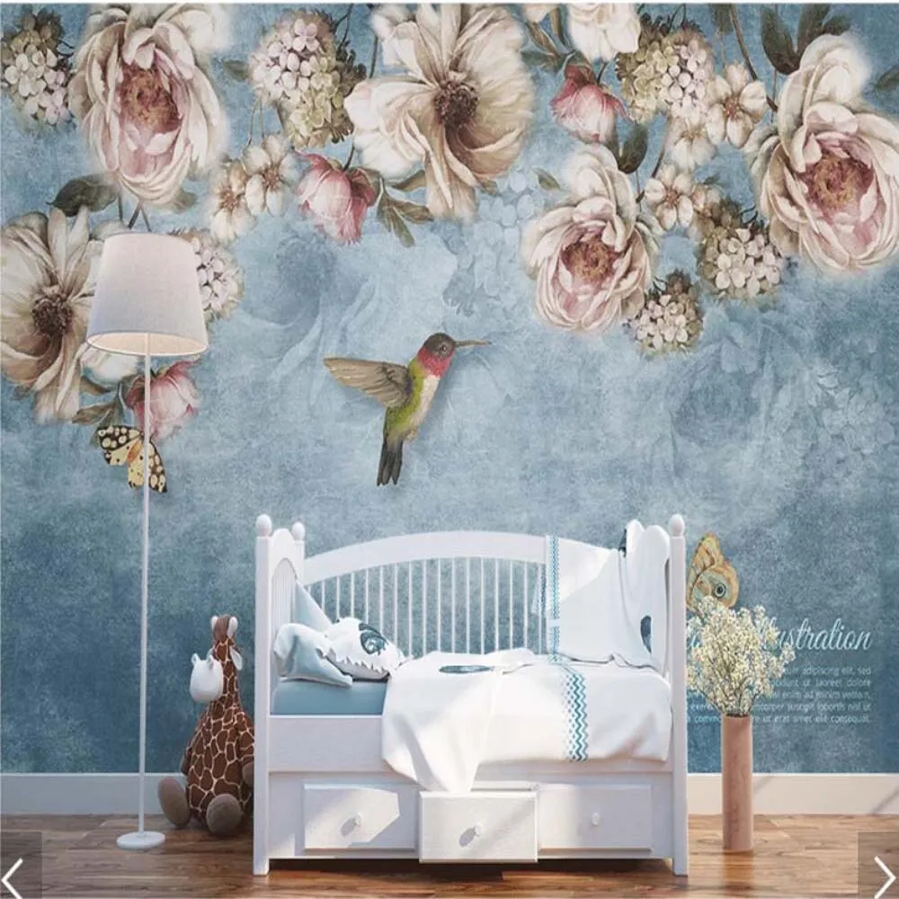 

European 3D Vintage Flower Wallpaper Mural Print Photo Wall Paper Rolls for Living Room Hand Painting Floral Wall Paper Murals