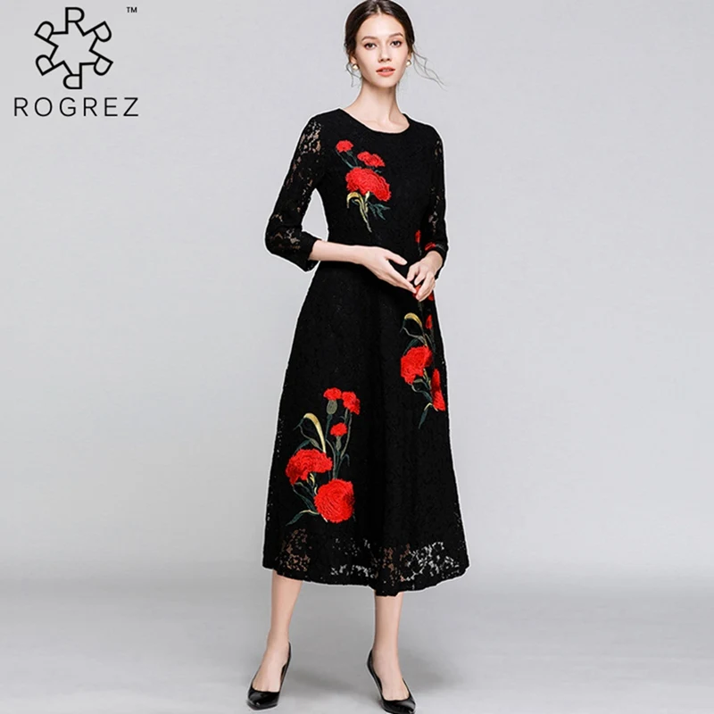 ROGREZ демисезонный элегантный Steetwear цветочный Вышивка для женщин кружево платье