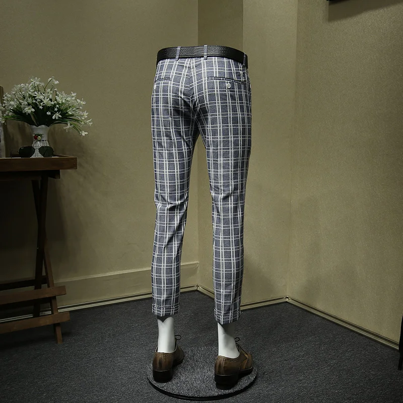 Мужские брюки 25% хлопок 10% лен синий плед укороченные брюки slim fit Мужской Костюм Уличная летняя новое поступление Свадебный Жених