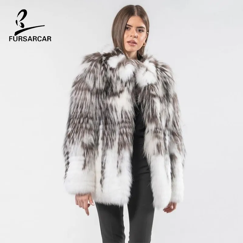 Женская Шуба с лисьим мехом FURSARCAR коричневое/белое пальто на натуральном меху 2019 |