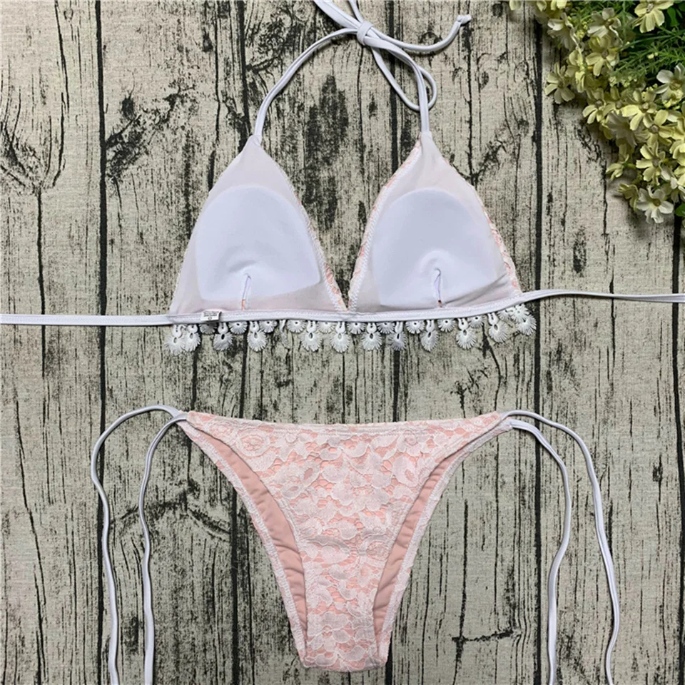 Женский купальник бикини розовый на шнуровке с низкой талией и лямкой шее для