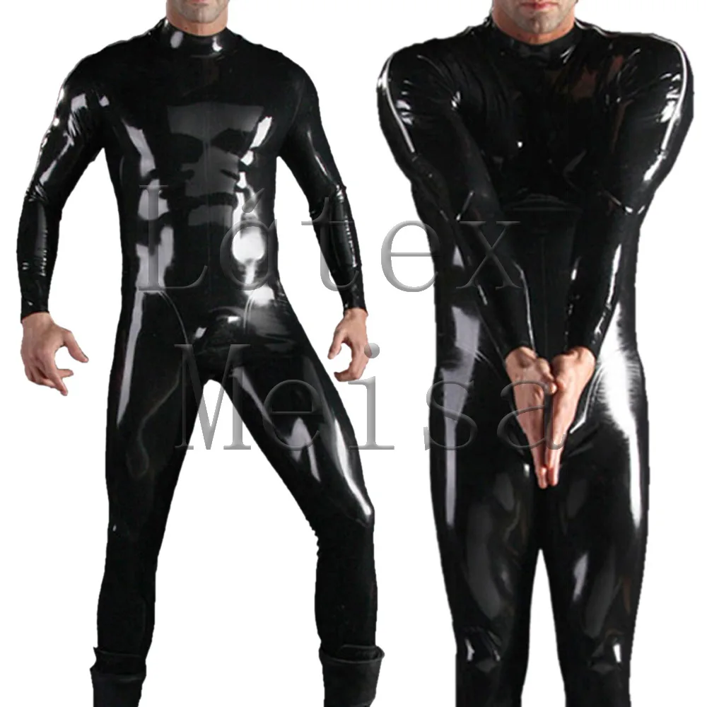 Новинка латексный мужской Фетиш костюм Zentai с молнией на плечах носки черного
