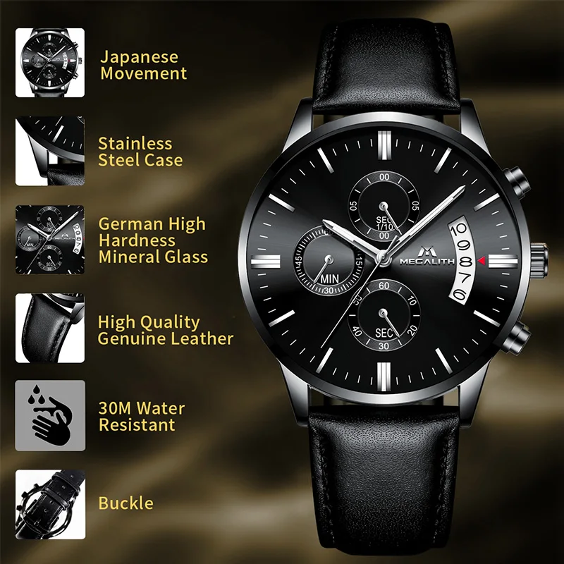 Мужские кварцевые наручные часы MEGALITH черные с хронографом простой дизайн 2019 |