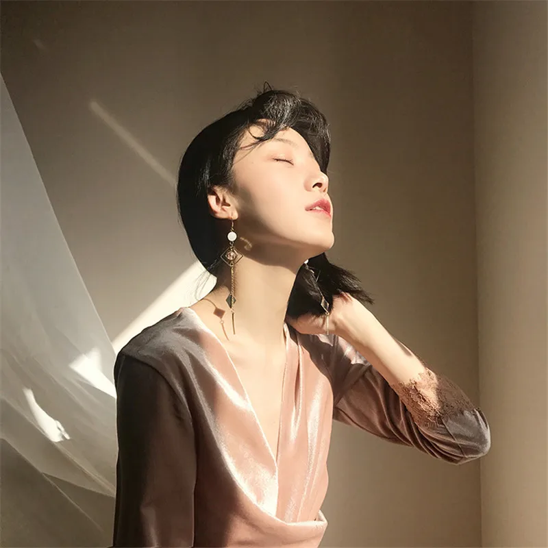 XUANRAN Elegant pink color long tassel dangle earring shell crystal beads Geometric drop for women charm accessories | Украшения и