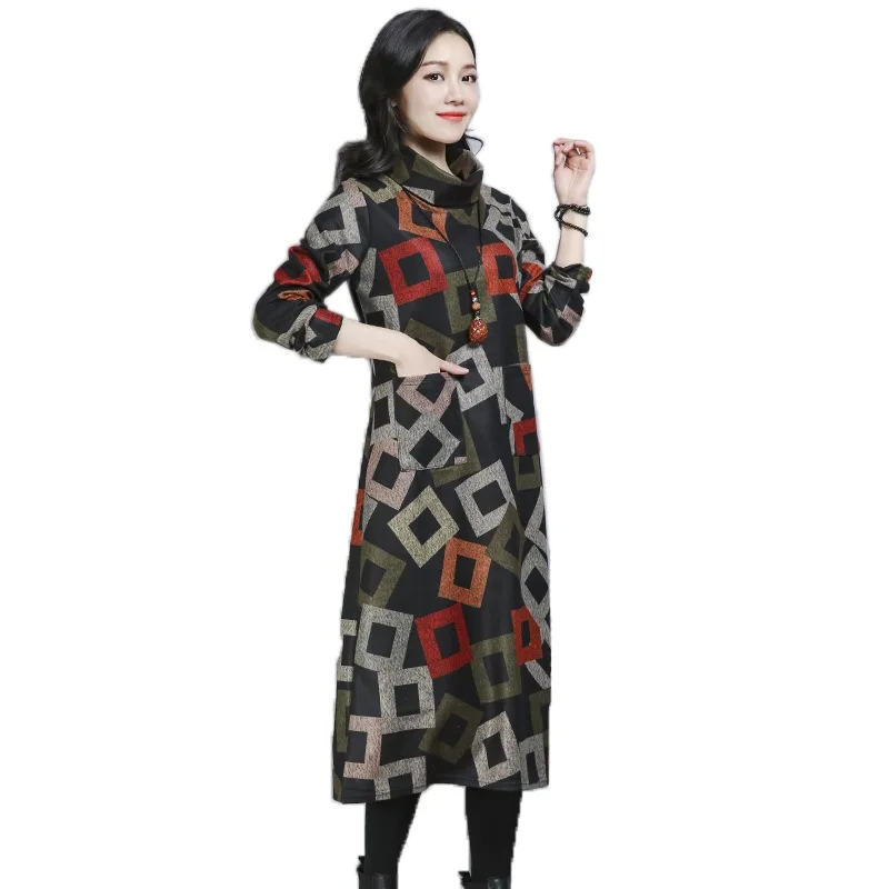 

2019 New Style Winter Women Dress Autumn Plus Print Long Dress Vintage Long Sleeve Loose Vestido Robe Elbise Dresses AA4413
