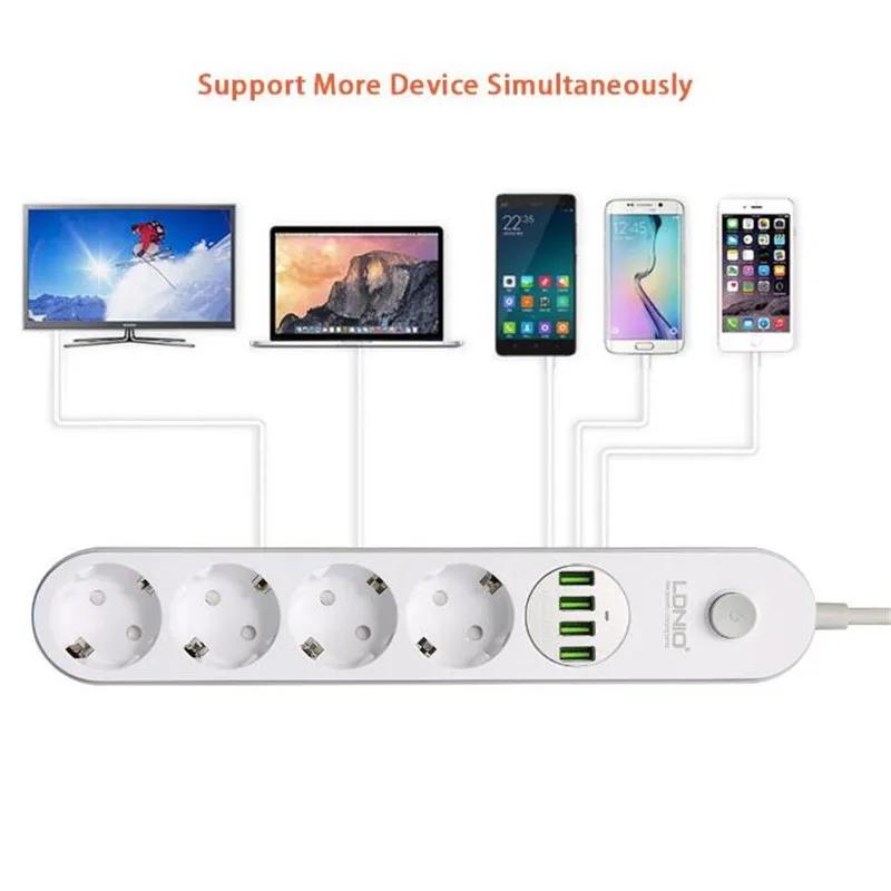 Удлинитель питания PLYMOTON с 4 розетками переменного тока USB портами и защитой от