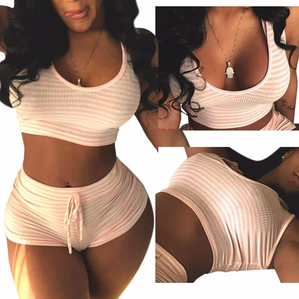 Women Sexy Tracksuit Fitness Beach Suit Crop Top Pant Two Piece Set Pink Womens Striped Vest Short 2 Summer Cropped Outfit | Женская