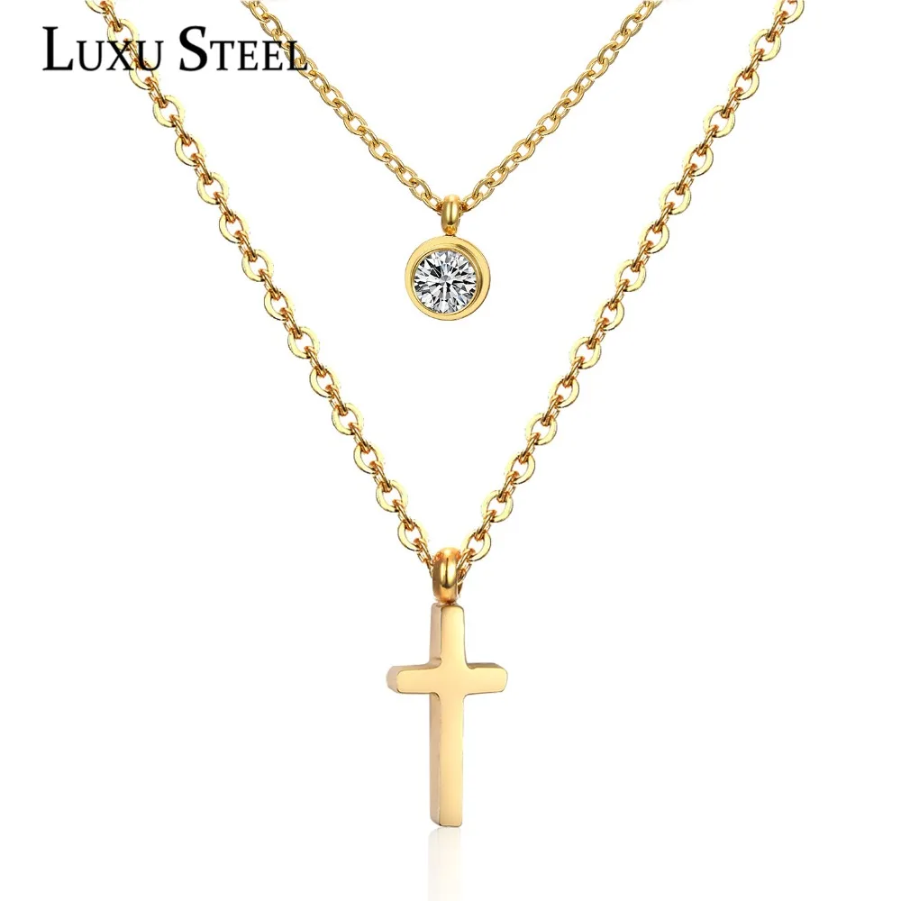 Женское Двухслойное ожерелье LUXUSTEEL с подвеской золотого Креста и круглыми