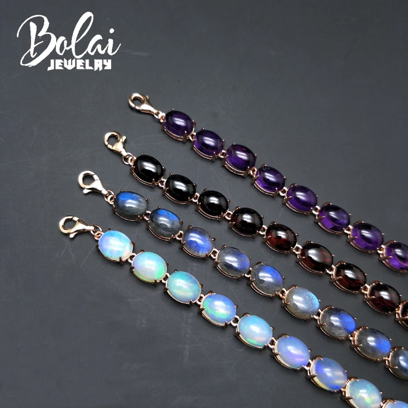 Bolaijewelry природный аметист гранат опал лабрадорит драгоценный камень браслет 925
