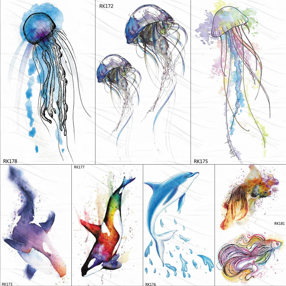OMMGO 3D Watercolor Jellyfish Temporary Tattoos Sticker Ocean Draw Fake Tattoo Dolphin Custom Tatoos For Women Kids Body Art Arm