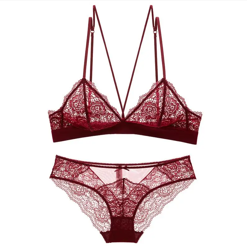 Red CINOON Women Sexy transparent Lingerie Set lace Hollow Out Floral ultra-thin Push up Bra and Panty breathabler Underwear set - Color: Red