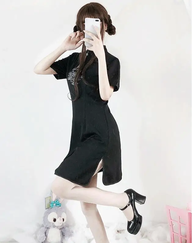 Китайский стиль, винтажное, повседневное, улучшенное, Hanfu, короткое, cheongsam, стенд, вышивка, Готическая Лолита, оп, косплей, Лолита, платье лоли, викторианское