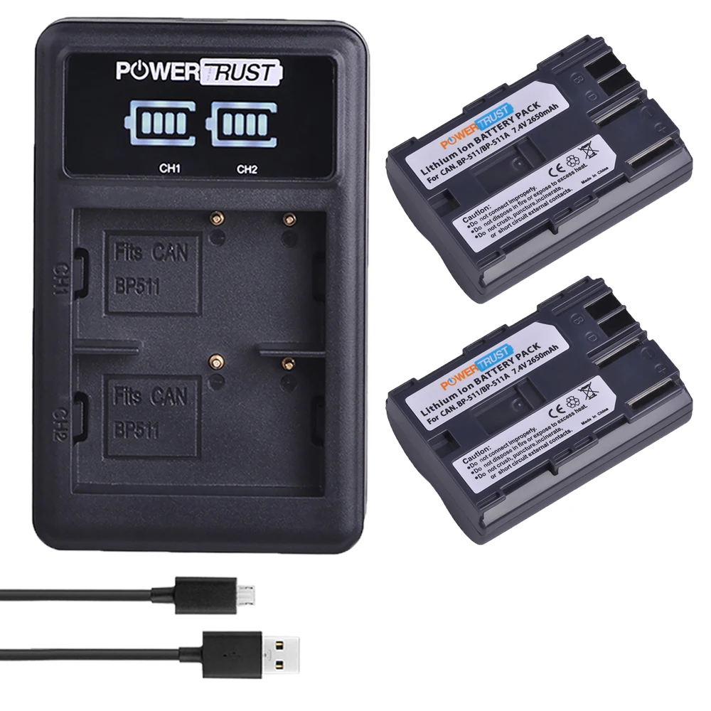 Аккумулятор для фотоаппарата 2 шт 2650 мАч BP 511 BP511 BP511A + двойное зарядное устройство
