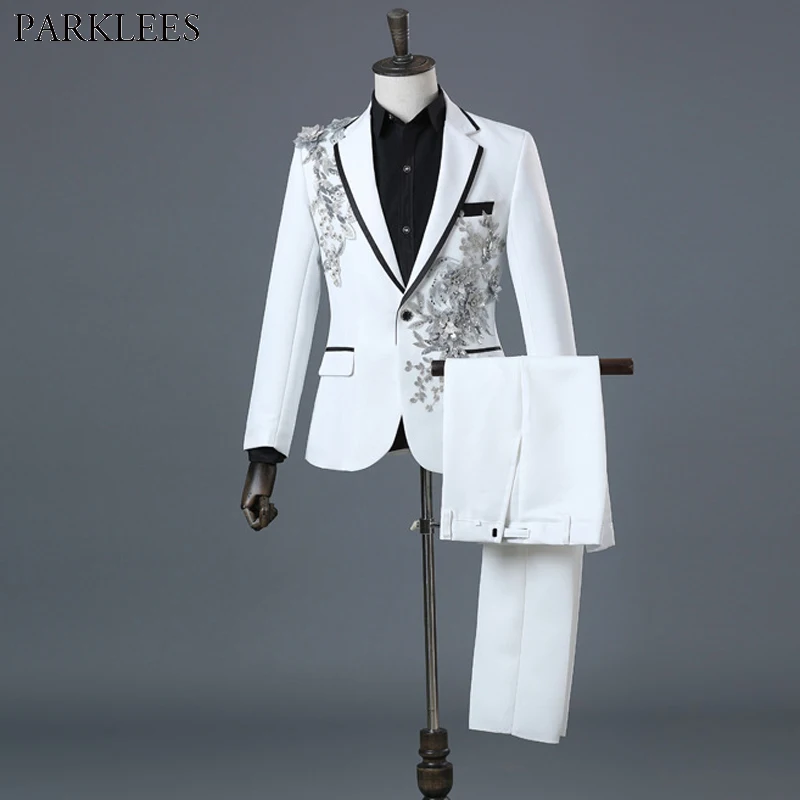 

Mens White Floral Sequin 2 Pieces Suits (Jackets+Pants) Slim Fit One Button Wedding Groom Tuxedo Suit Male Costume Mariage Homme