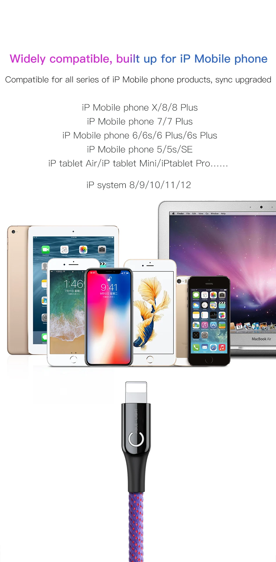 Светодиодный usb-кабель Baseus для iPhone XS Max, XR, X, 8, 7, 6 S Plus, SE, автоматическое отключение, 2.4A, кабель для быстрой зарядки, кабель для передачи данных