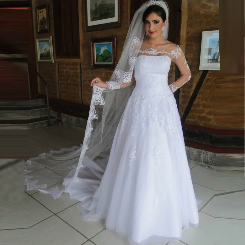 

Long Sleeves Vestido De Noiva Muslim Wedding Dresses A-line Tulle Lace Beaded Vintage Dubai Arabic Wedding Gown Bridal