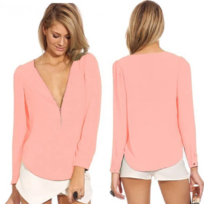 Женская Сексуальная Повседневная Блузка Рубашка Молнии V-образным Вырезом Шифон