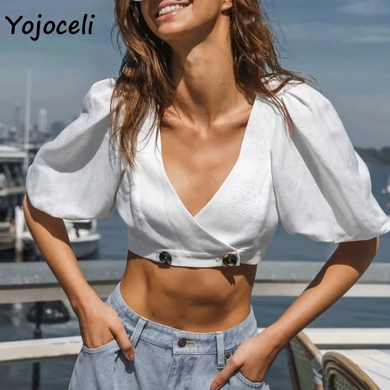 Yojoceli Женская мода уличная белая кнопка Обрезанные блузки Рубашки Топы женское с