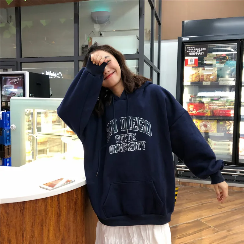Женские толстовки с капюшоном, свободные, с буквенным принтом, Kawaii, Harajuku, подходят ко всему, с большими карманами, Корейская Студенческая мягкая верхняя одежда, женские повседневные женские свитшоты