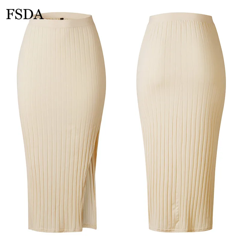 FSDA Side Slit Bodycon Skirt Sexy Cotton Casual Side Sexy Long White Office Women Spring Split Elegant Summer Midi Skirts