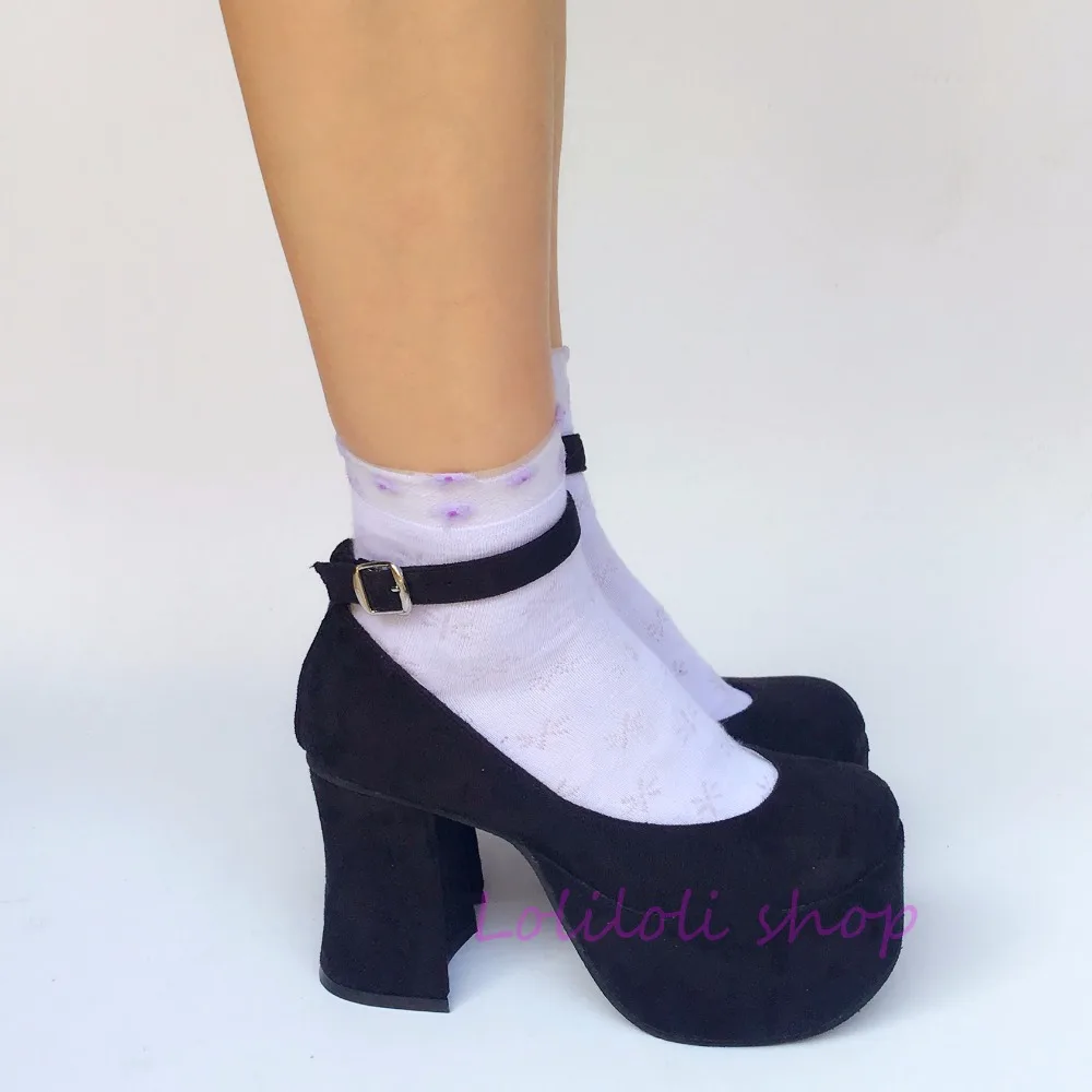 

Princess sweet lolita shoes loliloli yoyo Japanese design custom large-size black flock buckle strap high-heeled shoes an9110