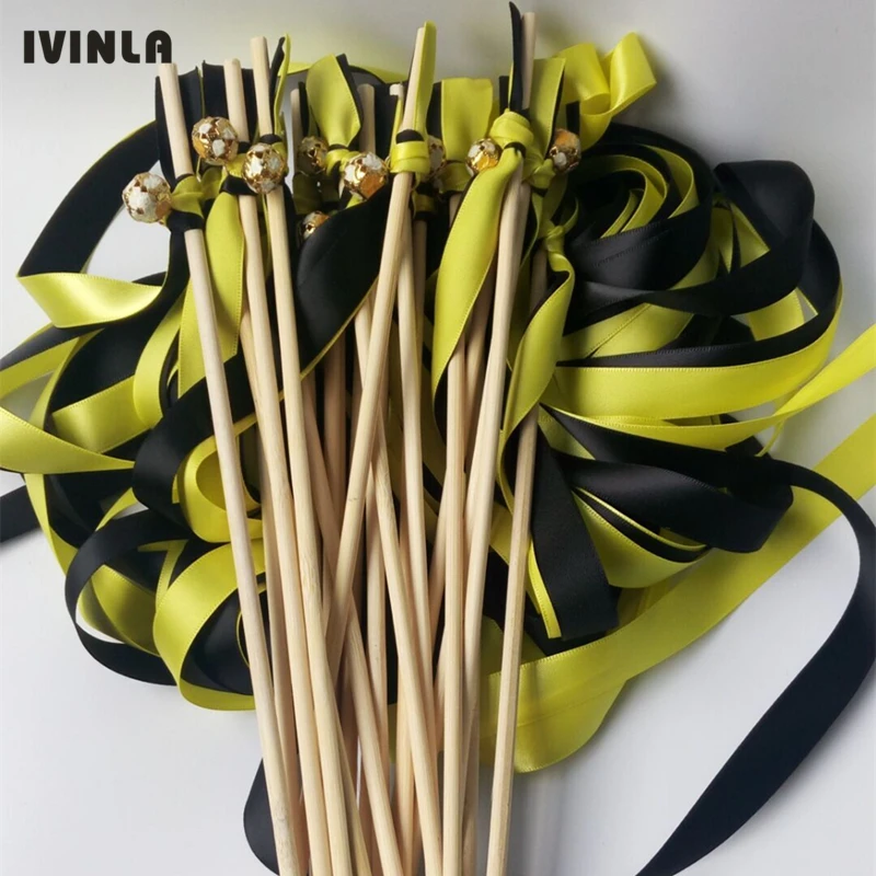 

50pcs/lot Black and Yellow wedding ribbon wands with colorfull bell for wedding decoration