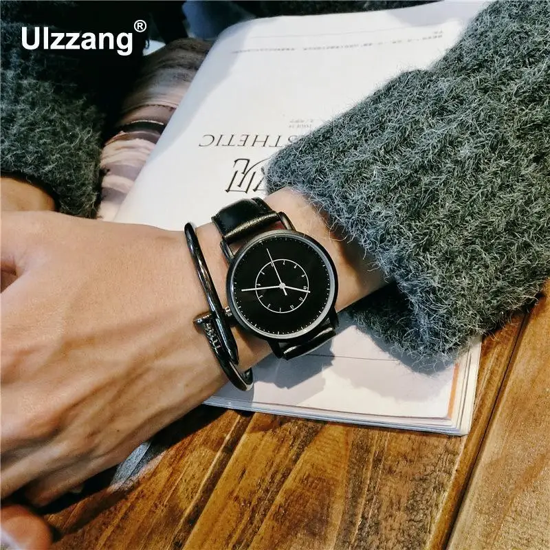 Простые винтажные черные коричневые кожаные кварцевые наручные часы в