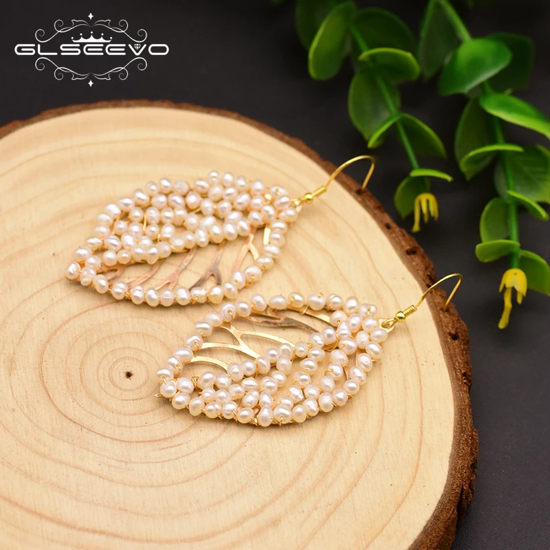 

GLSEEVO Origina Handmade Natural Fresh Water Pearl Leaf Drop Earrings For Women Flower Earring Fine Jewelry Brinco Bijoux GE0749
