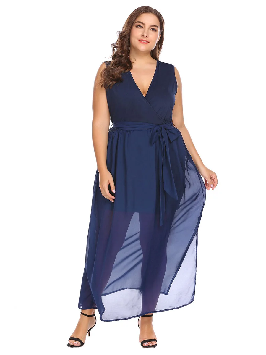 Длинное женское Повседневное платье больших размеров 3 цвета без рукавов с v