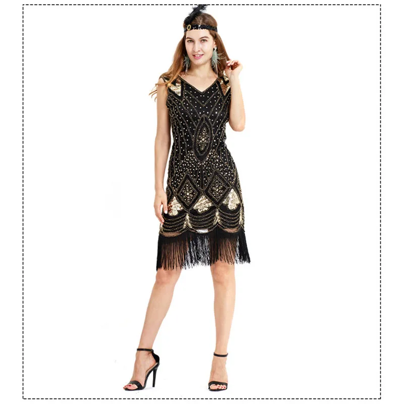 Винтажное платье с кисточками вышито бисером блестками без рукавов v образным