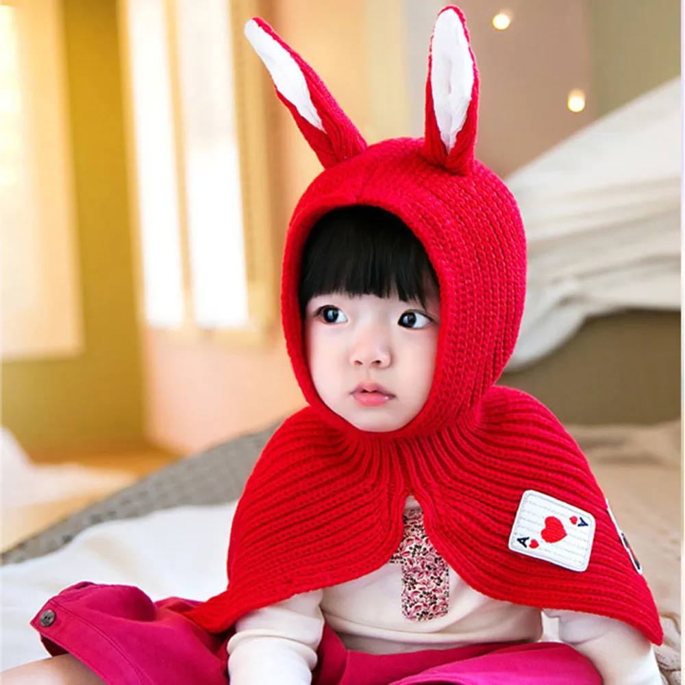 Baby Pompon Winter Hat Cute Rabbit Ears Kids Hats Keep Warm Set Scarf Shawl cap | Детская одежда и обувь