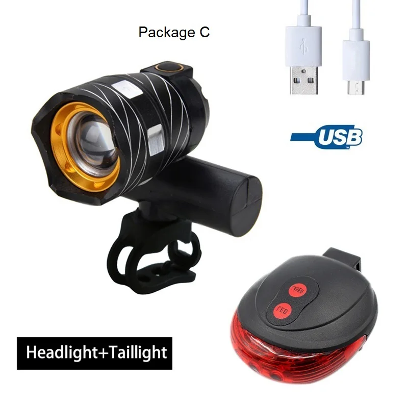 Package C USB Перезаряжаемые 15000LM XML T6 LED Велосипедные фары лампы фонарик велосипеда велосипедные аксессуары с USB линии - Цвет: Package C